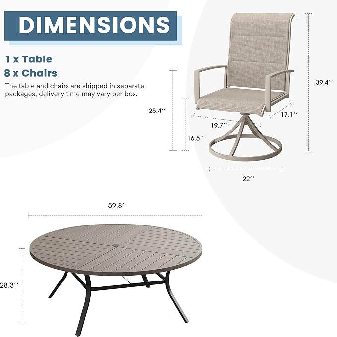 DIFY 9 Piece Outdoor Dining Set, Metal Patio Table and Chairs Set, 59.8" Grey Wood-Like Round Dining Table & 8 Sandshell Padded Textilene Swivel Patio Chairs, Outdoor Furniture Set for Garden Backyard