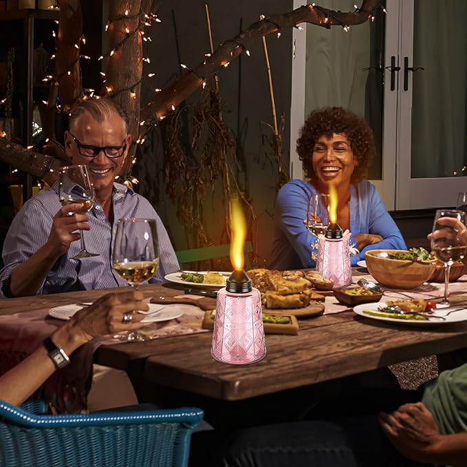 4-Pack Glass Table Top Torches - 12oz Refillable Citronella Torches Canisters for Outdoor, Includes Wick & Cap, Decorative Lanterns for Patio, Garden, Yard, Party, Landscape (4 Pack-Pink)