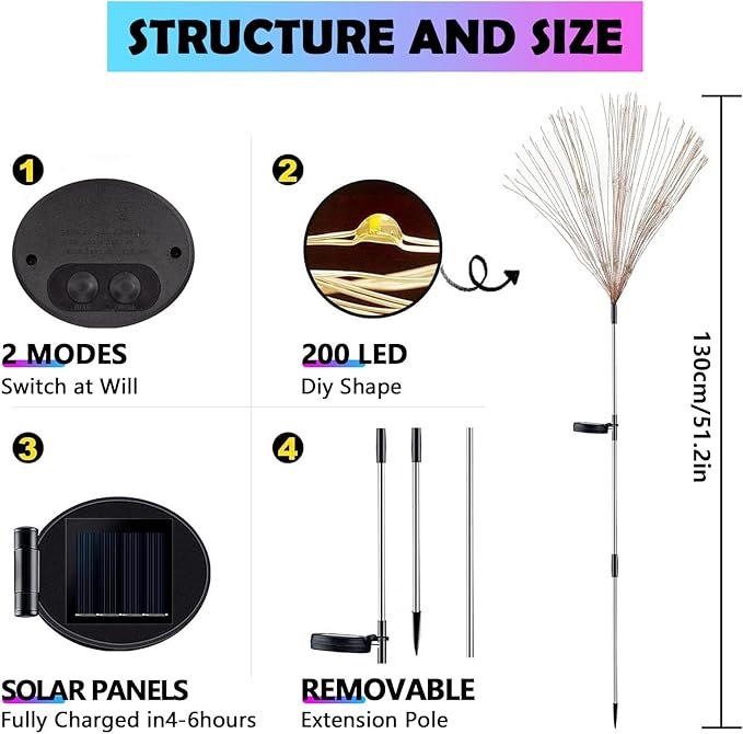 Solar Firework Lights Outdoor, 200 LED Starburst Garden Lights, Adjustable Height 2/3-Rod up to 51in, Stainless Steel, 2 Lighting Modes, IP65 Waterproof Pathway Light for Yard Patio Lawn