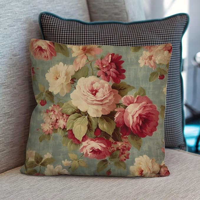 Throw Pillow Covers Watercolor Pink Roses Cushion Cases Retro Romantic Aqua Flower Pillow Cover Accent Outdoor Waterproof Decorative Pillow Cover for Patio Funiture Garden 20x20 in