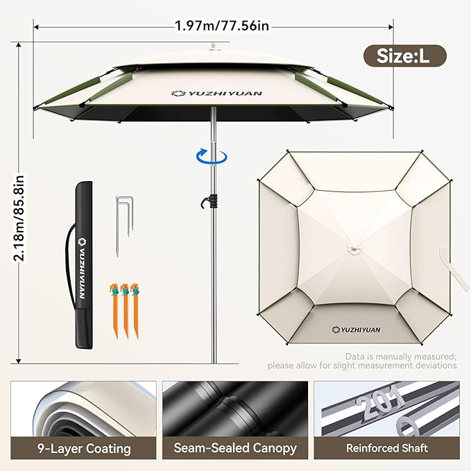 Patio Umbrella with Exclusive Black Coating, 7.2ft/7.8ft Heavy-Duty Double-Layer Nylon Canopy, Adjustable Tilt Sun Shade Outdoor Table Umbrella, UV Protection & Carry Bag for Beach, Fishing, Backyard