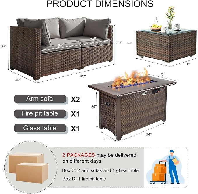 4 Pieces Patio Furniture Set with Fire Pit and Glass Table, Outdoor PE Rattan Sectional Sofa with Soft Cushions for Backyard, Porch, and Poolside (Gray, 4 PCS w/Table/Firepit)