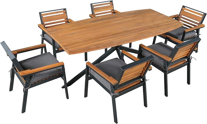 7-Piece Outdoor Patio Dining Set, All-Weather Rectangle Table and 6 Chairs with Dual-Layer Iron & Acacia Wood Seat Frame and Detachable Cushions for Backyard Garden Poolside (Gray-5.14)