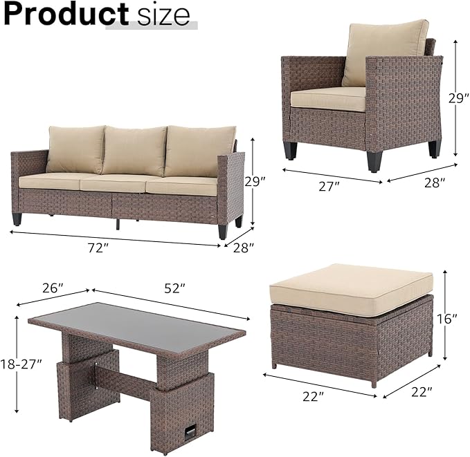 SUNSITT Outdoor Patio Furniture Set 6 Piece Wicker Conversation Set with Lift Coffee Table Sectional Dining Set 3 Seat Sofa Couch with Ottoman, Brown Wicker & Beige Cushion