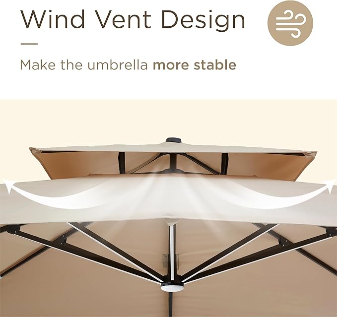 10' X 13' Patio Umbrella with Weighted Base and LED Lights Outdoor Cantilever Large Rectangle Offset Umbrellas Heavy Duty Aluminum Double Top with 360-degree Rotation for Pool Garden Deck, Beige
