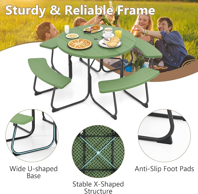 HAPPYGRILL 8-Person Picnic Table Bench Set with Umbrella Hole, 43” Outdoor Dining Table w/4 Benches, Wood-Like Texture Tabletop, Stable U-Shaped Base, Round Table for Backyards, Green