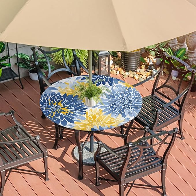 OSAM SPACE Outdoor Tablecloth with Umbrella Hole, Round Elastic Fitted Table Cloth with Invisible Zipper,Blue Yellow Chrysanthemum Flower Picnic Patio Table Cover 45-56in