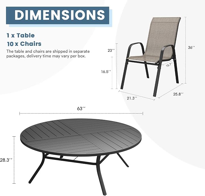 DIFY 11 Piece Outdoor Dining Set, 63" Black Round Metal Dining Table and Brown Textilene Stackable Patio Chairs, Patio Table and Chairs Set for 10 with Umbrella Hole for Backyard Garden Deck