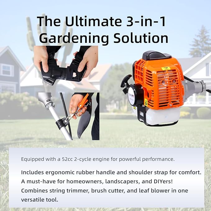 Weed Wacker Gas Powered, 52cc 2-Stroke Gas Weed Eater, 3 in 1 Blower, String Trimmer with 10’’ Brush Cutter,Rubber Handle & Shoulder Strap Included (Orange)