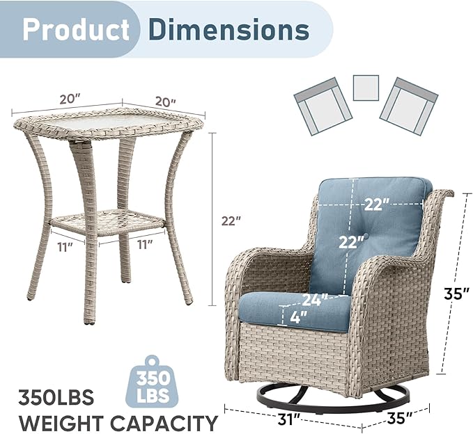 Outdoor Swivel Rocker Patio Chairs-Wicker Patio Swivel Chairs Set of 2 with Side Table PE Rattan Patio Furniture Set for Porch Deck Balcony Garden-Light Grey/Light Blue