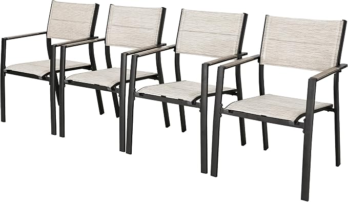Outdoor Patio Dining Chairs Set of 4, Light Weight Aluminum Frame with Textilene Fabric & Wood-Like Armrest, 275 LBS Capacity, Outdoor Stackable Chairs for Poolside Lawn Garden, Grey Armrest