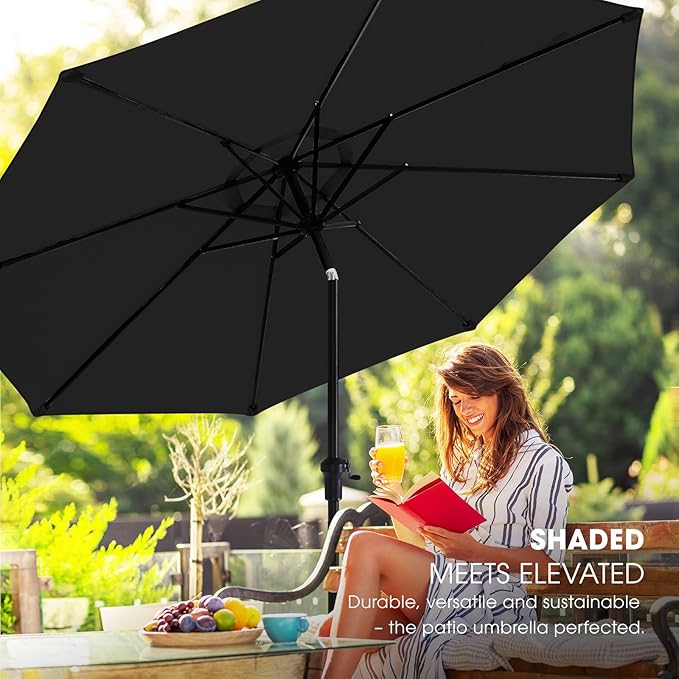 wikiwiki 9FT Patio Umbrella with Base, Outdoor Umbrellas with Base Included, 8 Sturdy Ribs, Waterproof Fade Resistant POLYESTER DTY Canopy for Deck, Lawn, Garden, Backyard & Pool, Black