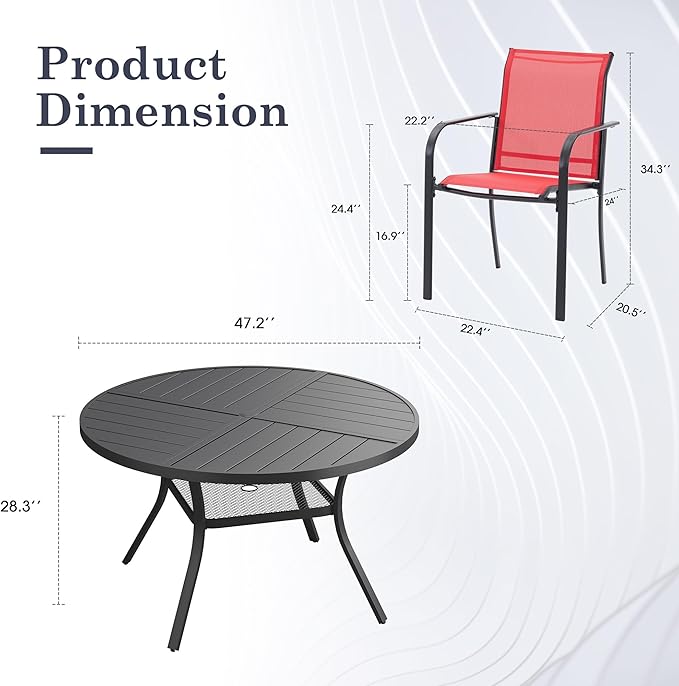 7 Pieces Outdoor Dining Set, Stackable Textilene Paito Chairs & 47.1" Round Dining Table with Umbrella Hole and Shelf, Patio Dining Set for Backyard, Deck, Garden, Red & Black