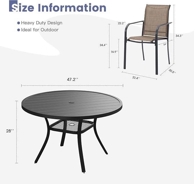 VICLLAX Round Outdoor Dining Set, Patio Table and Chairs Set Set of 6 Patio Stackable Chairs and 47" Outdoor Round Table with Umbrella Hole for Backyard Lawn Garden, Brown Chairs and Black Table