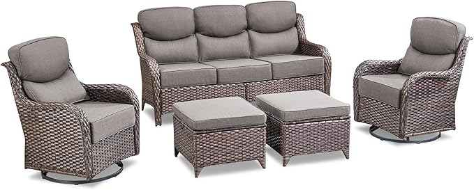 Luxury 5 Piece Patio Furniture Set-All Weather Outdoor Swivel Rocker Chairs with 6" Thick Cushions Multifunctional Ottoman Rattan Patio Conversation Sets for Porch Deck Garden Backyard(Brown/Grey)