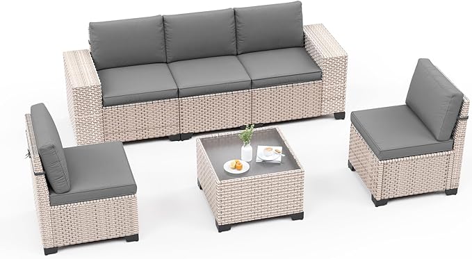 6-Piece Outdoor Patio Furniture Set, Modular Sectional Sofa Set with Glass Coffee Table and Cushions, Wicker Outdoor Couch Conversation Sets, Gray
