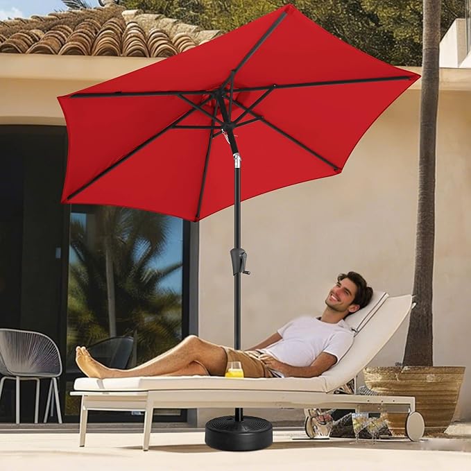 FLAME&SHADE 7.5 FT Solar Light Patio Umbrella, 24 LED Lights Outdoor Umbrella with Centre Surround Light, Table Umbrella Outdoor Patio for Deck, Pool, Backyard, Garden, UV Protection (Red)