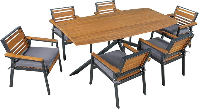 7 Pieces Metal Patio Dining Table Set with Acacia Wood, 74.8" Large Dinner Table, 6 Chairs with Dual-Layer Iron and Detachable Cushions, Outdoor or Indoor Furniture for Garden or Backyard, Black Gray