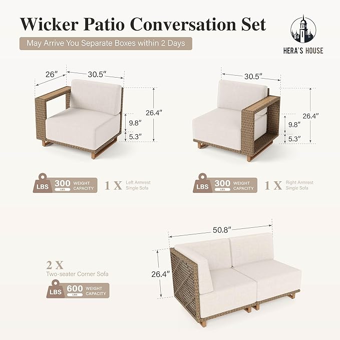 HERA'S HOUSE 6 Pieces Patio Furniture Set, Sectional Outdoor Rattan Wicker Sofa, All Weather Patio Conversation Set with 5.3" Widened Armrest, 10" Ultra Thick Comfy Sponge Cushion, Patio Couch