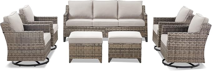 Outdoor Patio Furniture Set-7 Pieces All-Weather Wicker Outdoor Furniture with Swivel Patio Chairs Outdoor Patio Conversation Sets for Garden Porch Deck Grey/Beige