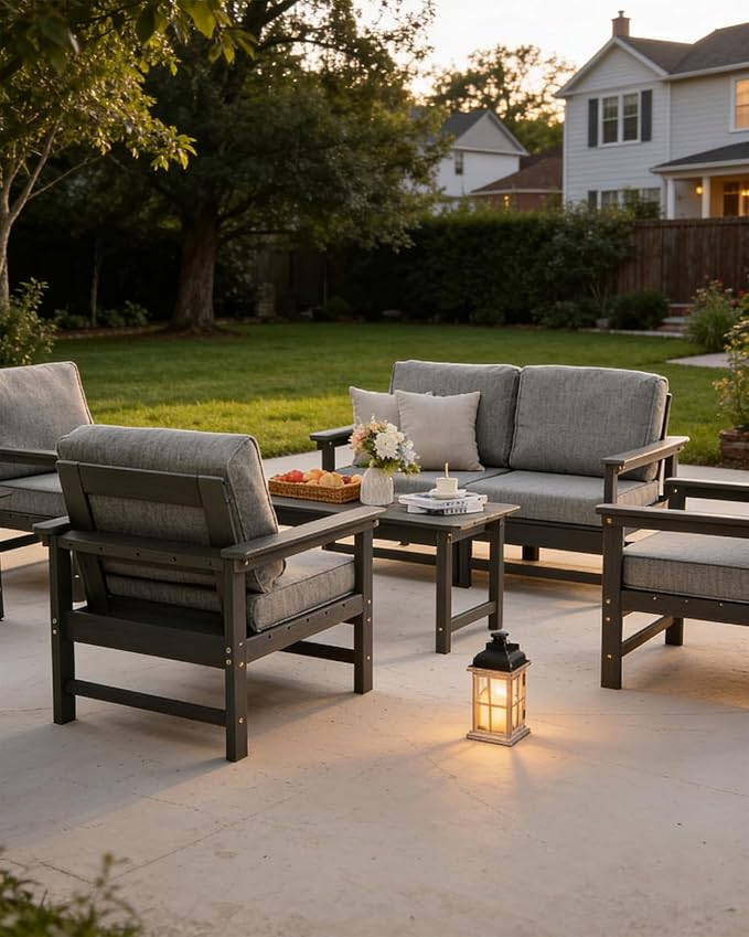 HDPE Outdoor Patio Furniture Set with Cushions, 7 Piece Patio Conversation Set Sofa Set,All Weather Outdoor Couch Set with Coffee Table for Lawn, Garden, Deck