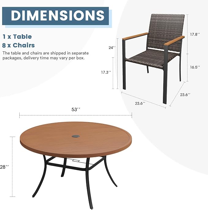 DIFY 9 Piece Patio Dining Set, Metal Outdoor Table and Chairs Set for 8, 53" Round Walnut Dining Table with Umbrella Hole & Wicker Stackable Patio Chairs, Patio Furniture Set for Garden Backyard
