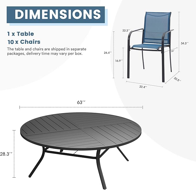 DIFY 11 Pieces Outdoor Patio Dining Set for 10, 63" Black Round Metal Patio Table and 10 Blue Stackable Textilene Patio Chairs, Outdoor Table and Chairs for Backyard Garden Poolside