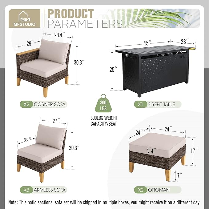 MFSTUDIO 7 Piece Wicker Patio Furniture Set with Fire Pit Table, 2 x Armless Sofa, 2 x Ottoman, 3-Seat Sofa, All-Weather Outdoor Rattan Patio Conversation Set for Garden, Backyard(Beige Cushions)