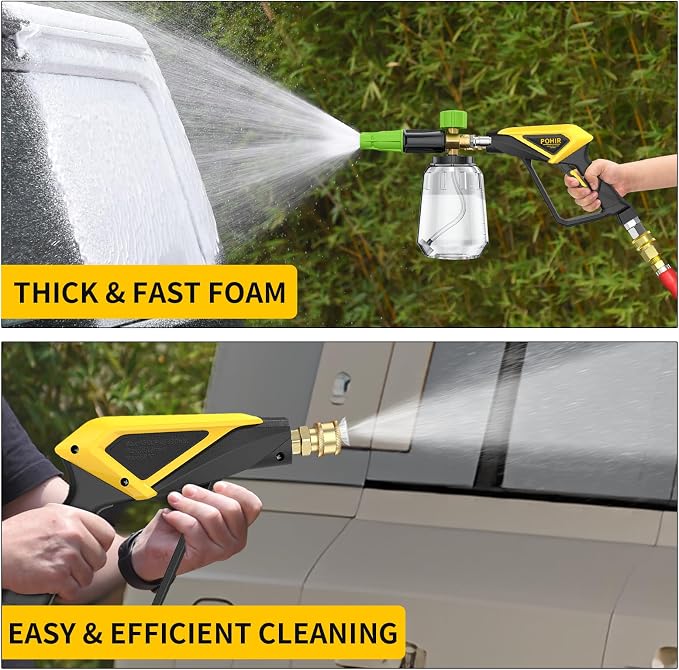 POHIR Short Pressure Washer Gun with Foam Cannon, 1/4 Inch Quick Connector, with 5 Pressure Washer Nozzle Tips 4500 PSI,Transparent 1 Liter