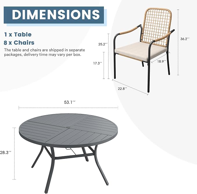 DIFY 9 Pieces Outdoor Dining Set, Metal Patio Table and Chairs Set for 8, 53.1" Round Dining Table with Umbrella Hole & Wicker Stackable Patio Chairs with Cushions, Grey Tabletop