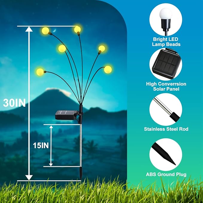 Solar Garden Lights, ๐๐ฉ๐ ๐ซ๐๐๐๐ Solar Swaying Lights๏ผLandscape Path Lights Outdoor Waterproof, Solar Powered Firefly Outdoor Lights for Yard Patio Decoration, Warm White(2 Pack)