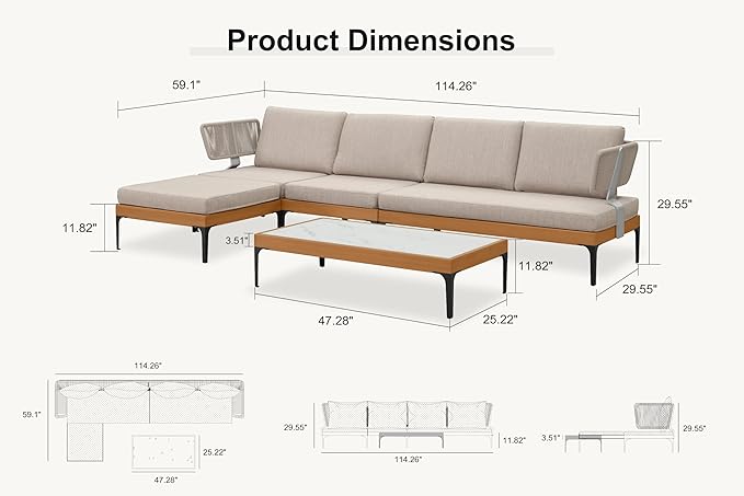 PURPLE LEAF Patio Furniture Set Outdoor Sectional Sofa with Coffee Table Cushions and Pillows Wicker L-Shaped 6 Pieces Aluminum Conversation Sets with Ottoman for Balcony Yard Poolside, Oatmeal Greige