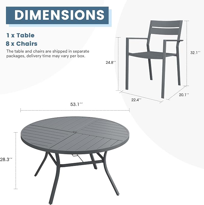 DIFY 9 Piece Outdoor Patio Dining Set for 8, 53.1" Round Dining Table with Umbrella Hole and Stackable Metal Chairs, Patio Table and Chairs Set for Backyard Garden Poolside, Grey