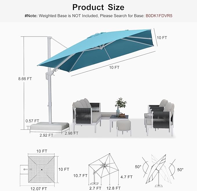 PURPLE LEAF 10 FT Right-left Tilt Patio Umbrella Swivel White Cantilever Umbrella with Tilt Aluminum Outdoor Umbrella with 360° Rotation for Deck Pool Garden, Turquoise