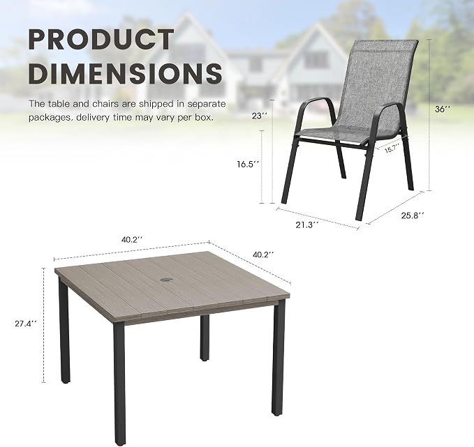 5 Pieces Outdoor Dining Set, 40.2" Square Table with Umbrella Hole & Stackable Patio Dining Chairs, Patio Table and Chairs Set for Deck Garden Porch, Grey Chairs & Grey Table