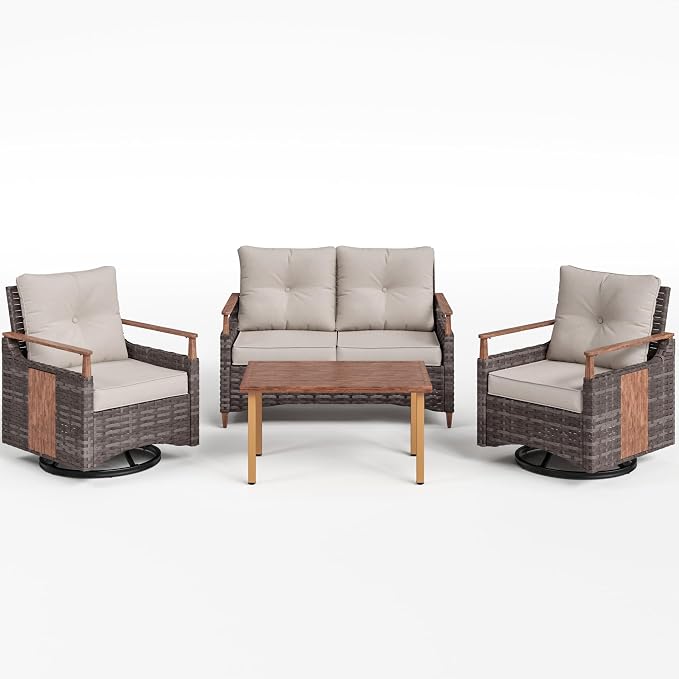NestNook 4 Pieces Patio Furniture Set, Outdoor All-Weather Handwoven PE Wicker Swivel Chairs, Conversation Set with Coffee Table, Loveseat & Thick Cushion for Backyard, Deck & Poolside, Beige