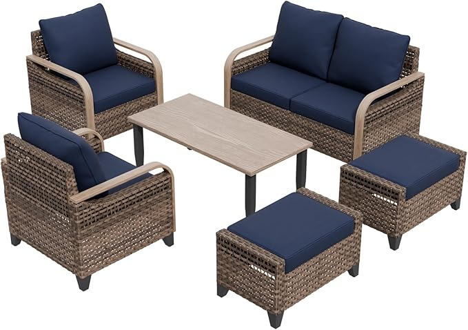 COOS BAY Modern Wicker Outdoor Furniture Set, 6 Piece Patio Conversation Set with 2 Patio Chairs, a 3 Seat Couch, 2 Ottomans and Coffee Table, 6 Piece, Brown/Blue