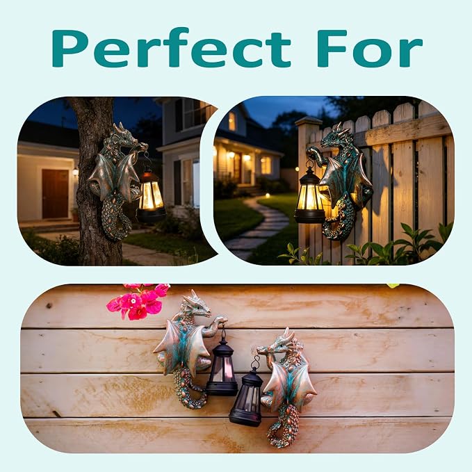 Goodeco Dragon Tree Hugger Garden Statue with Solar Lantern - 2 Pack 9.3 Inch Resin Dragon Decor for Outdoor, Perfect Dragon Gifts & Yard Decor(Bronze, 2-Pack)
