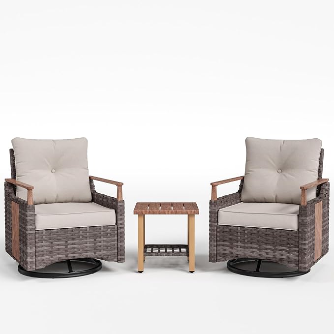 NestNook 3 Pieces Patio Furniture Set, Outdoor Bistro Set, 2 Swivel Glider Chairs with Modern Side Table, All-Weather Handwoven PE Wicker Seating and Thick Cushion for Balcony, Bistro & Porch, Beige