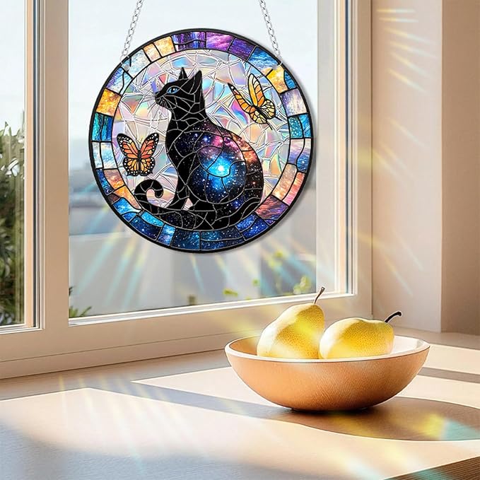 Acrylic Suncatcher Window Hanging, Cat & Butterfly Sun Catcher Rainbow Indoor Window Decoration for Living Room Bedroom Summer Home Balcony Ornaments, 7.87 inches