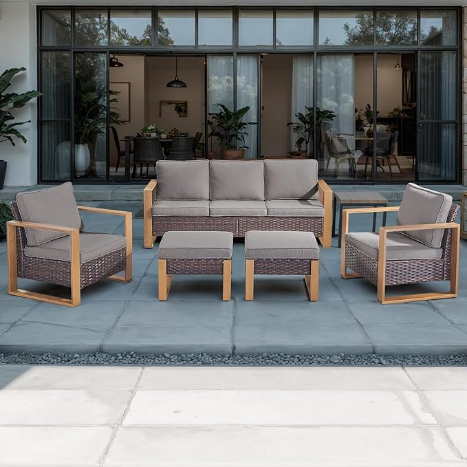 Rilyson Outdoor Wicker Patio Furniture Set - 6 Piece Patio Conversation Set with 2 Wicker Armrest Chairs,2 Rattan Ottoman,1 Side Table and 1 Couch,Sturdy Frame,Thick Cushions,Deep Seating(Brown/Grey)