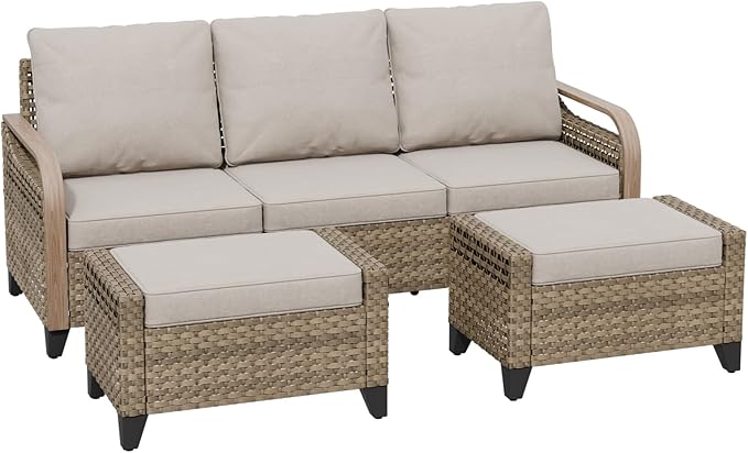 COOS BAY Modern Wicker Outdoor Furniture Set, 3 Piece Patio Conversation Set with a 3 Seat Couch and 2 Ottomans, 3 Piece, Brown/Gray