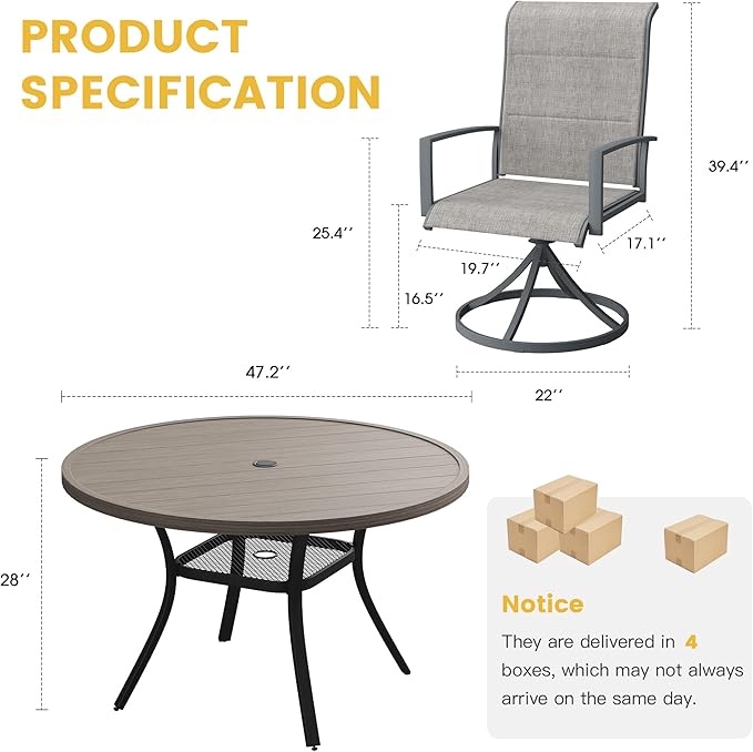 VICLLAX 7 Pieces Patio Dining Set for 6, All Weather Outdoor Furniture Set - 47.2" Round Patio Table and Swivel Padded Chairs, Grey Wood Grain Tabletop and Grey Fabric