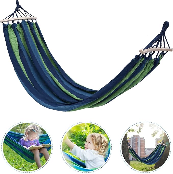 TOYANDONA Portable Camping Hammock Swing Outdoor Canvas Striped Travel Hammock with Curved Bar, Single Widened 190x100cm for Garden Patio and Beach Relaxation