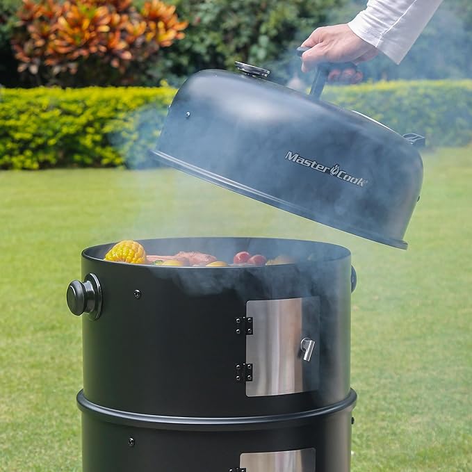 MASTER COOK 16 inch Charcoal Smoker, Vertical BBQ Grill, Heavy Duty 4 In 1 Fire Pit with built-in Thermometer & Adjustable Vent System for Backyard Patio Camping