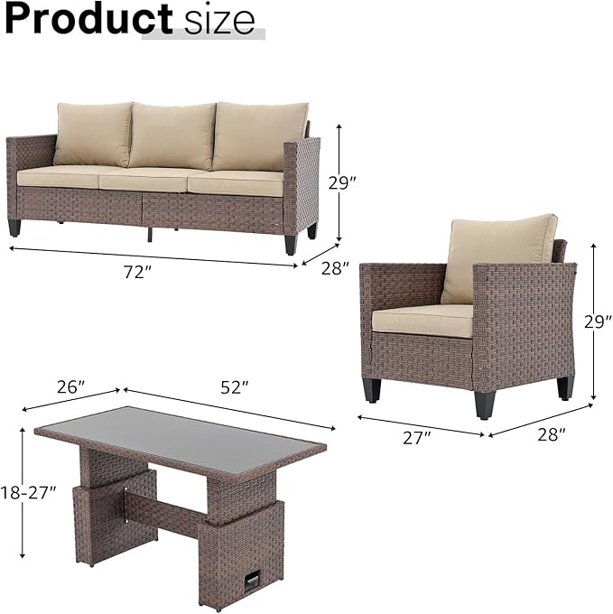 SUNSITT Outdoor Patio Furniture Set 4 Piece Wicker Conversation Set with Lift Coffee Table Sectional Dining Set 3 Seat Sofa Couch with Club Chair, Brown Wicker & Beige Cushion