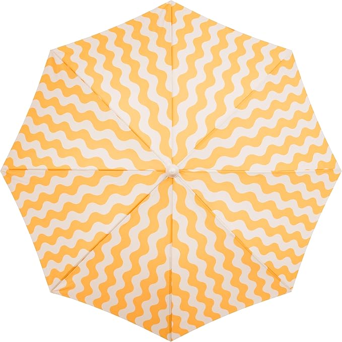 Business & Pleasure Co. Holiday Umbrella - Boho Beach Umbrella with White Fringe, UPF 50+, 1" Tilting Wood Pole, 5’ x 6.5’, Ocean Mimosa Stripe