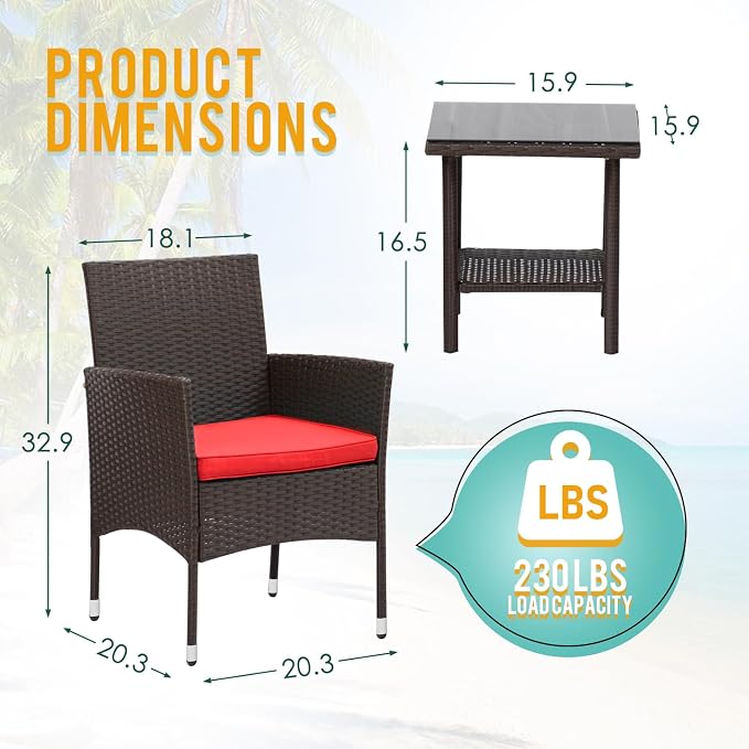 PayLessHere Set of 3 Outdoor Furniture Set Patio Furniture Set Brown Conversation Set with 2 Rattan Chairs Glass Coffee Table for Coffee Bar Poolside Patio Outdoor, Red Cushions