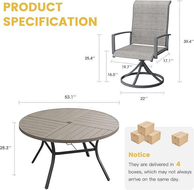 VICLLAX Patio Dining Set for 6, 6 Seats Outdoor Furniture Includes 53.1" Round Patio Table and Swivel Padded Chairs, Grey Wood Grain Tabletop and Grey Fabric