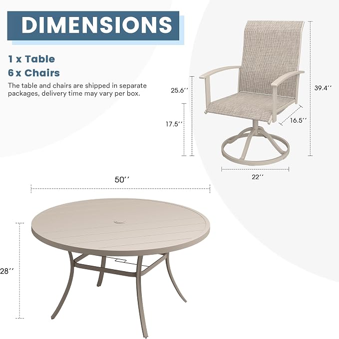 DIFY 7 Pieces Outdoor Dining Set for 6, 50" Round Metal Table with Umbrella Hole and Textilene Swivel Patio Chairs, Patio Table and Chairs Set for Garden, Backyard, Poolside, Sandshell